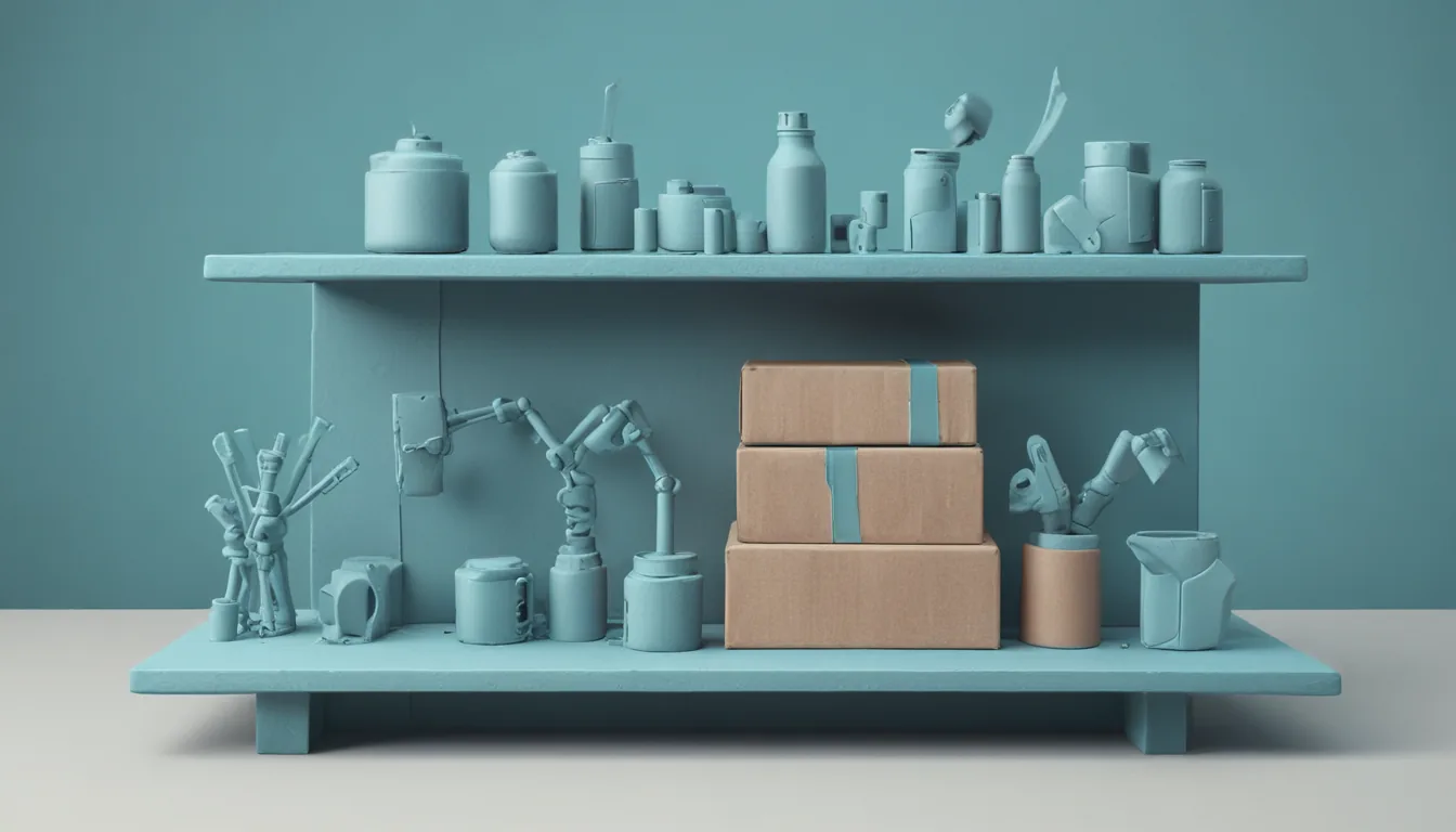 A small storefront model with universal socket adapters on its side, several mechanical arms reaching in from outside to lift tiny parcels.
