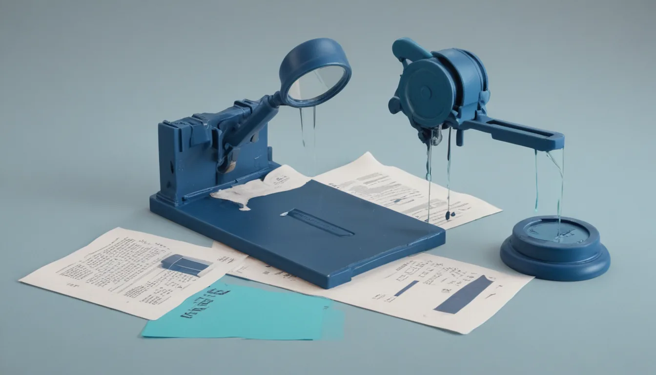 A printing press feeds fresh pages past a magnifying glass and an ink-quality gauge before stacking, rejected sheets dropping into a side bin.