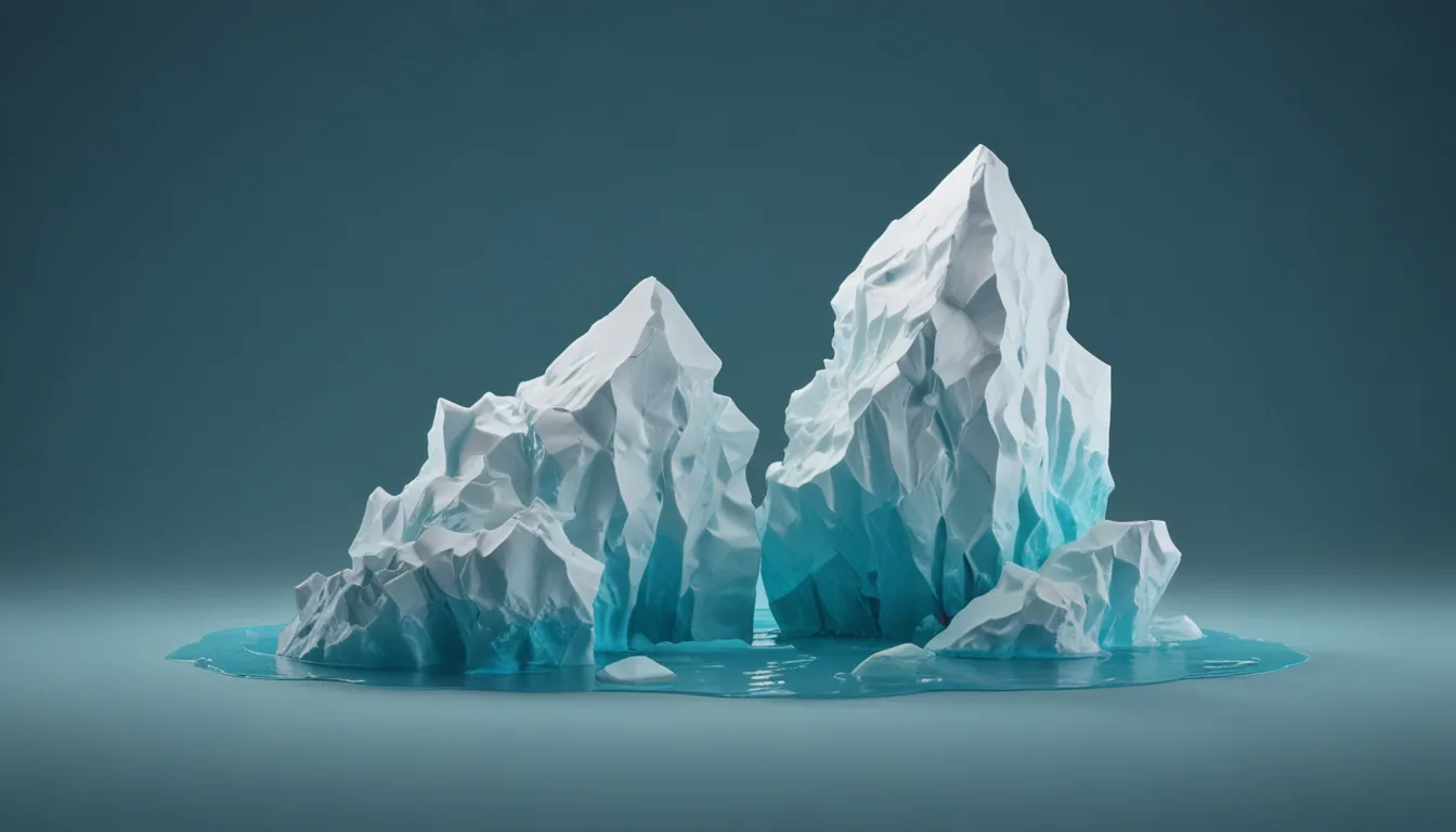 An iceberg shown in three cross-sections, each with a small tip above water and a different-sized mass below, with small lights in the submerged parts.