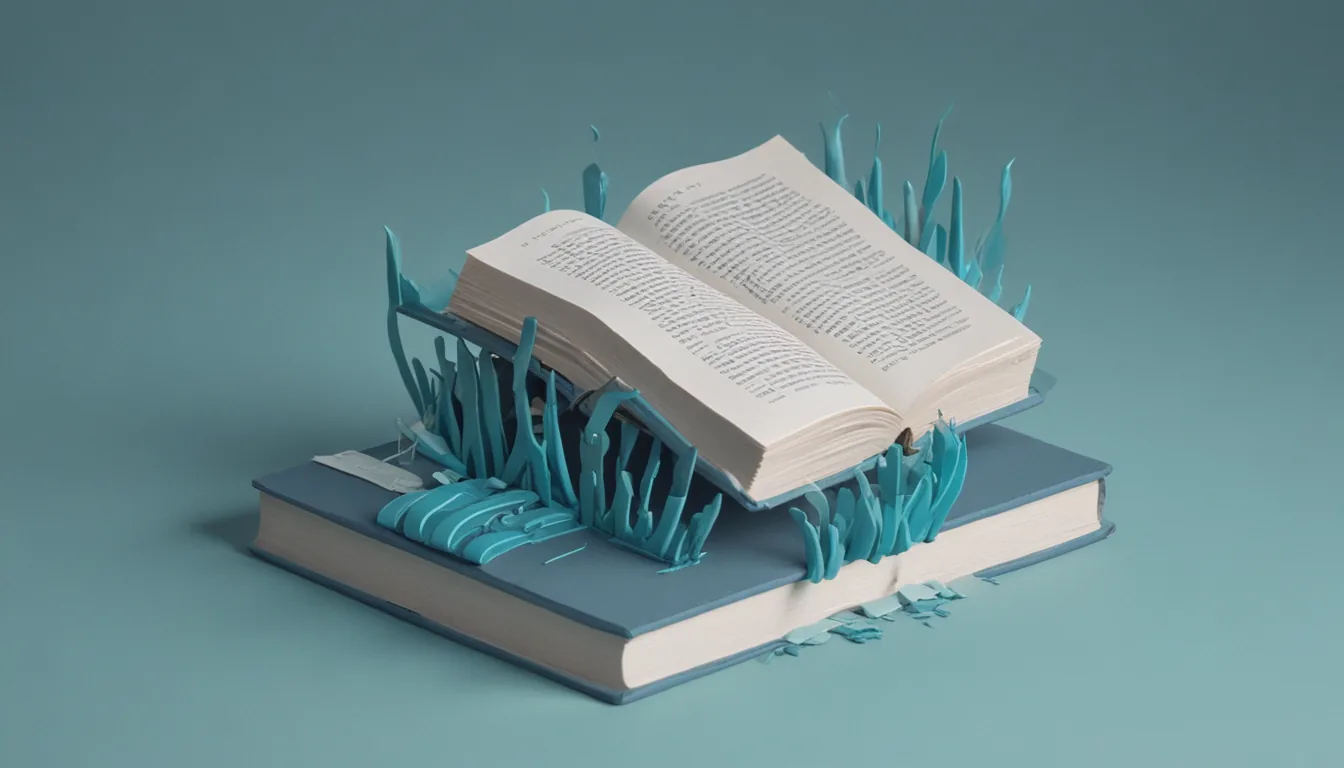 An open book with small product shelves growing from its page margins and a conveyor carrying items from the text into a basket.