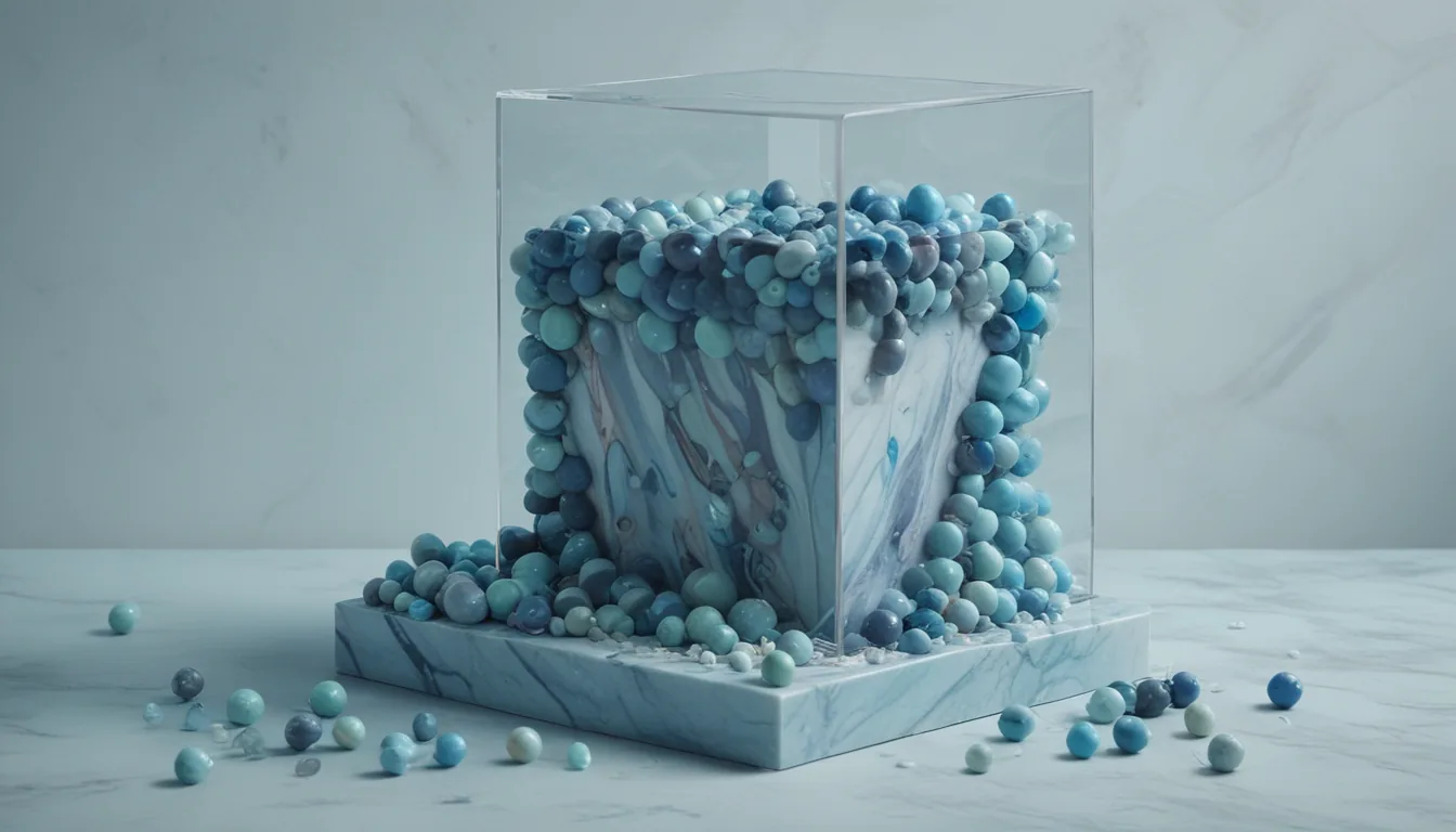 Two overlapping funnels dropping colored marbles into a glass ledger box, with a thread linking one marble to a sealed parcel.