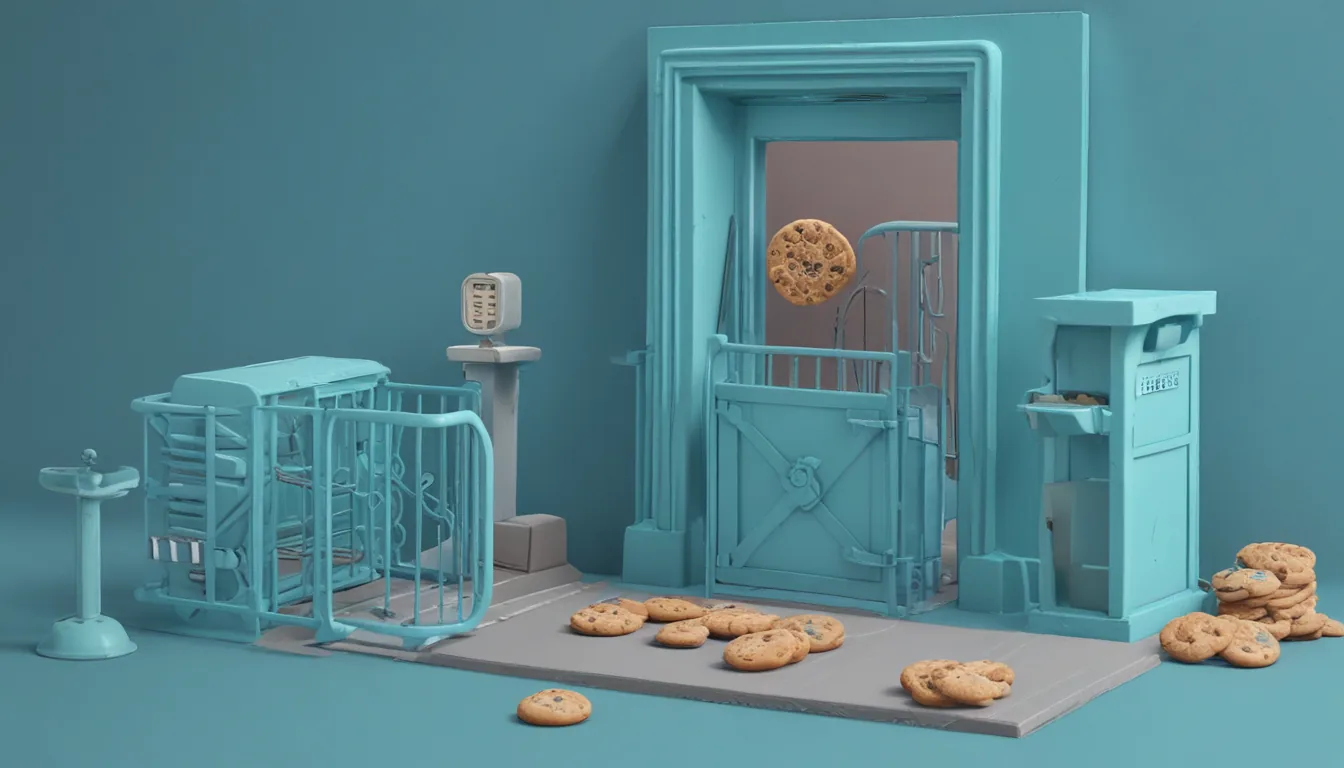 A turnstile gate in a doorway with cookies on a conveyor, some passing and some going into a shredder, a shield beside it.