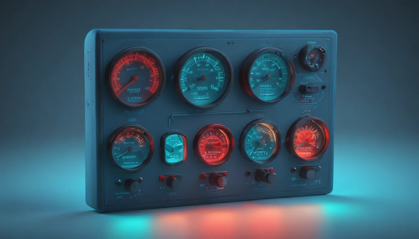 A small control panel of analog gauges and indicator lights connected by cables to a lit storefront, with one needle in the red.