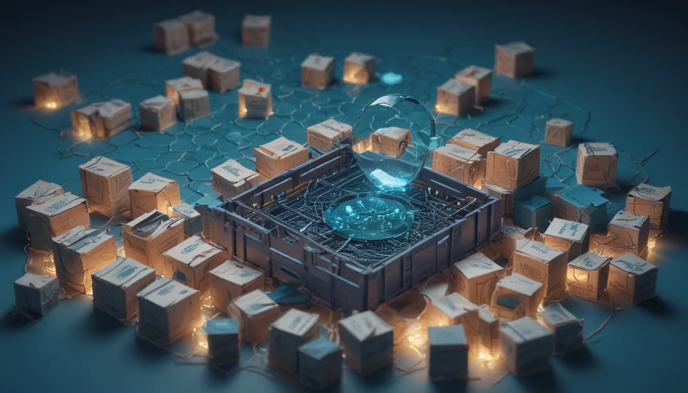 A magnifying glass floating over a large grid of small crates, with glowing threads linking matching crates toward one brighter crate.