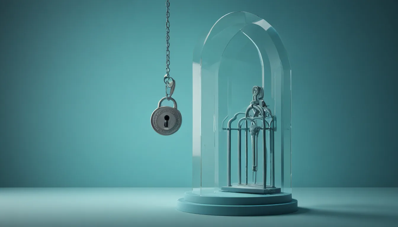 A price tag on a pendulum tracing a notched arc over a locked glass vault holding one low coin, a padlock gate in front.