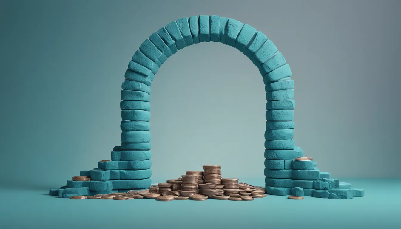 A progress bar made of stacked coins climbing toward a lit archway, with a parcel waiting to pass through once the stack is full.