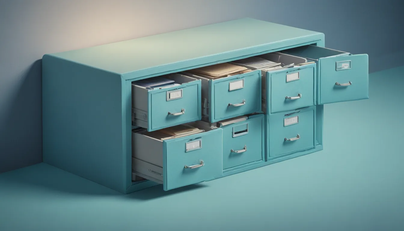 An open card-catalog drawer with one index card raised into a beam of light that lands on a single storefront icon in a row.