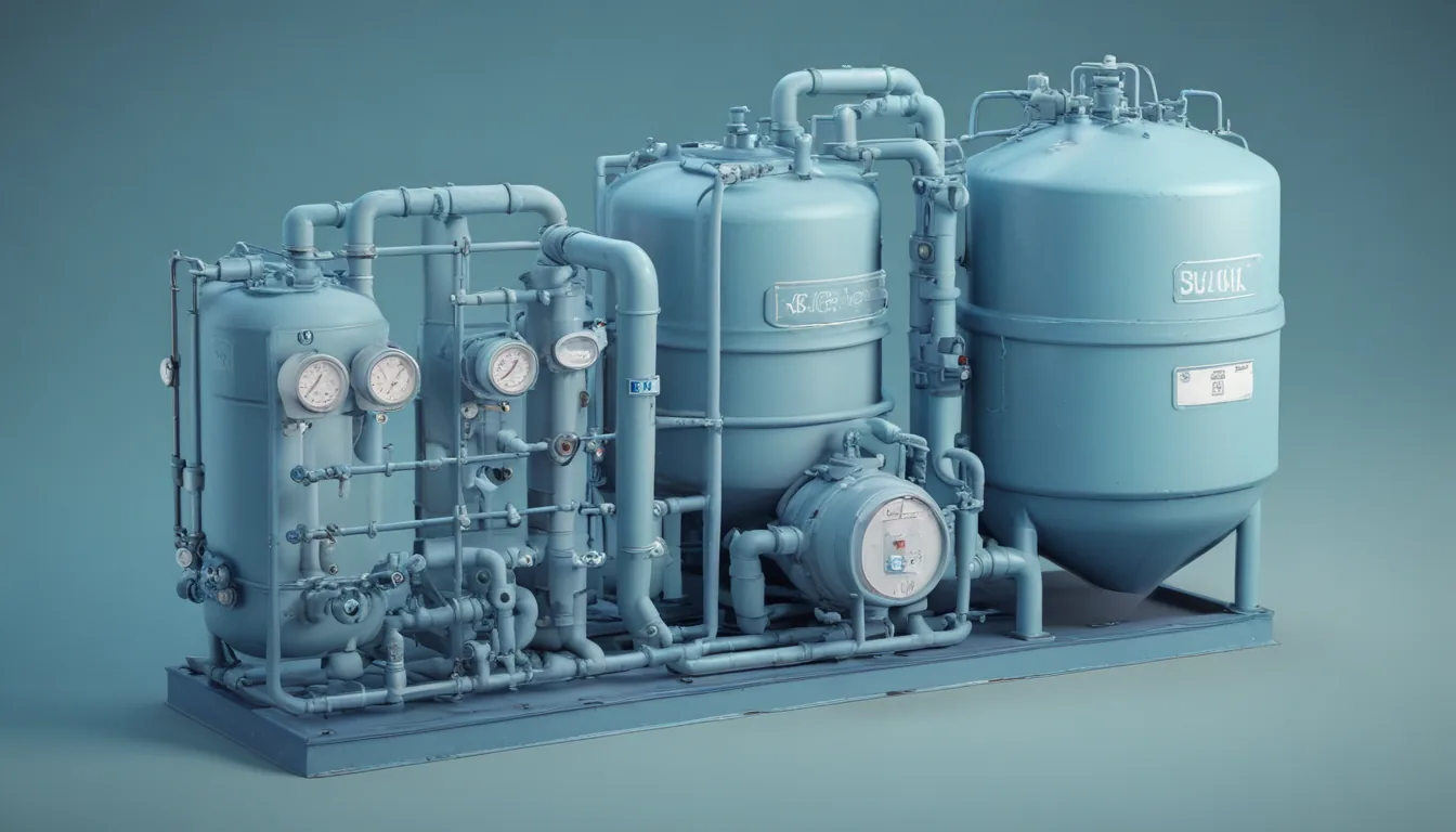 A water system with a large reservoir tank, recirculation pipes, small taps metering flow into labelled buckets, and a pressure gauge.