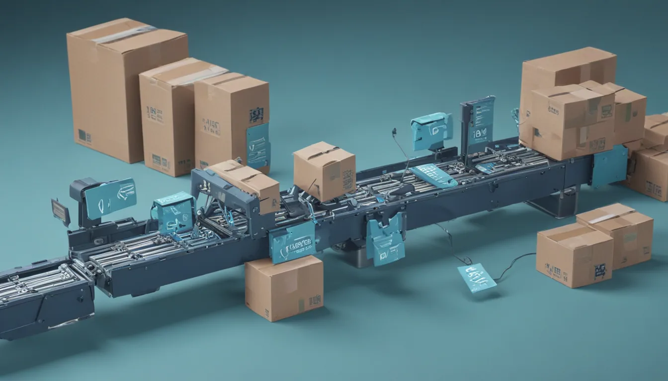 A warehouse conveyor carrying boxes, some with printed labels and some with blank numbered metal tags, where a robotic arm replaces the numbered tags with printed labels.