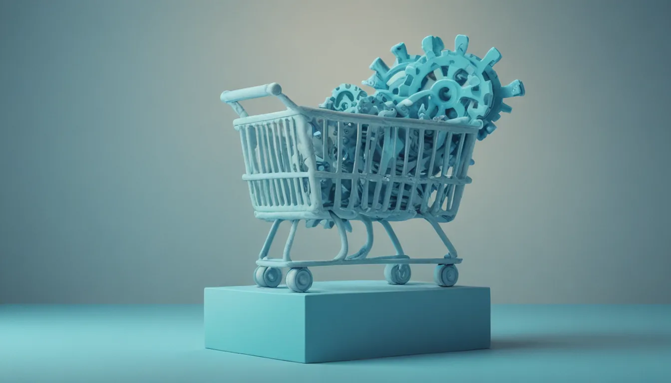 A large clay key with a shopping-cart-shaped head resting on a podium, gears visible inside the key shaft, parcels around it