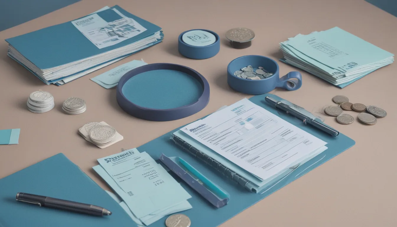 Invoice slips flowing from separate trays into a central binder ring, with a rubber stamp, a magnifier and a coin scale.