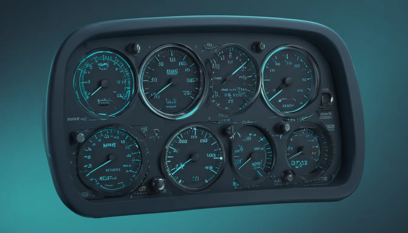 A dashboard of many gauges with a few central dials glowing and several peripheral ones dimmed and covered.