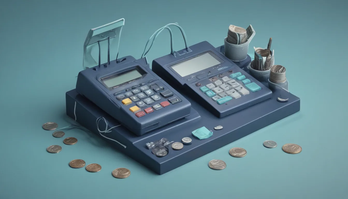 A central card terminal with cables running to several small tills, coins flowing into separate trays next to a magnifier over a ledger.