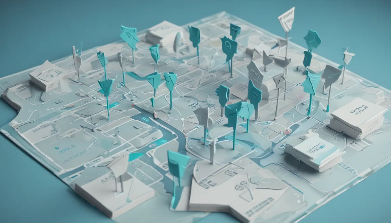 An unfolding map of storefront nodes linked by signpost arrows, some curving as redirects, with a magnifier over one node.