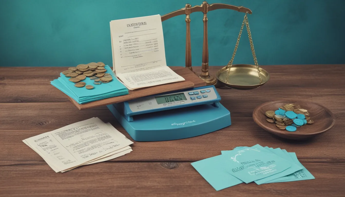 A receipt spike with stacked slips next to balance scales weighing coins, a calculator and a closed ledger book on a desk.