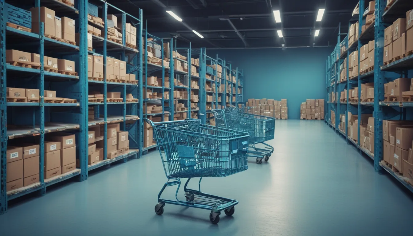 A warehouse aisle forking into two paths — one a single trolley through a retailer's desk, the other several trolleys each heading to separate loading docks.