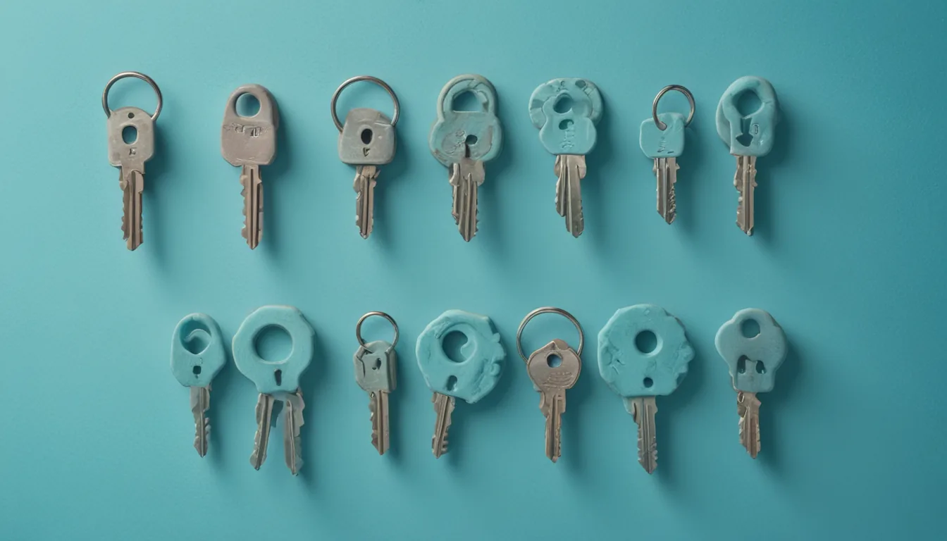 A row of differently shaped keyholes with matching keys hanging above, one aligned pair positioned over a small market stall.