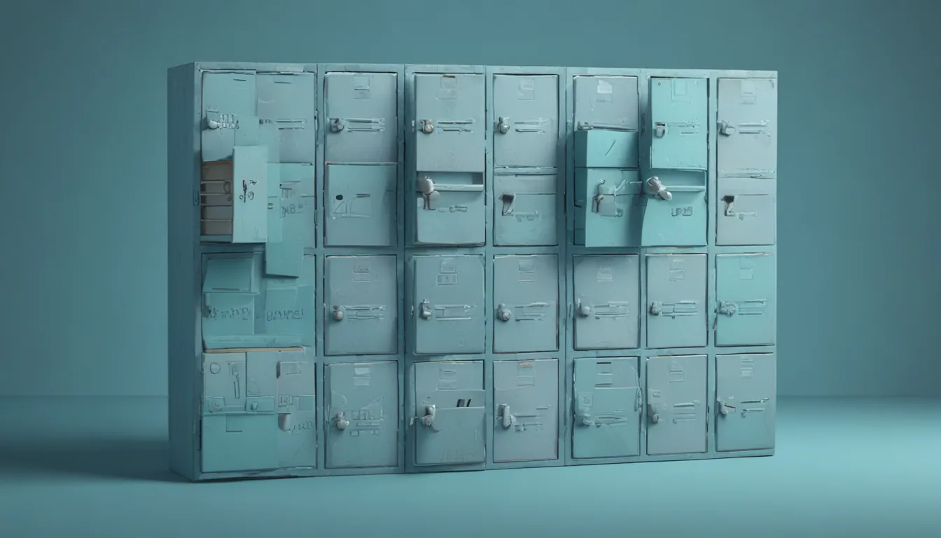 A tall wall of small square parcel-locker compartments, some open with parcels visible, with a beam of light highlighting one door.