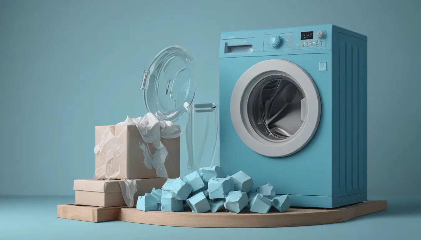 A clay washing machine tumbling crumpled cardboard boxes clean, with a neat stack of pristine boxes beside it