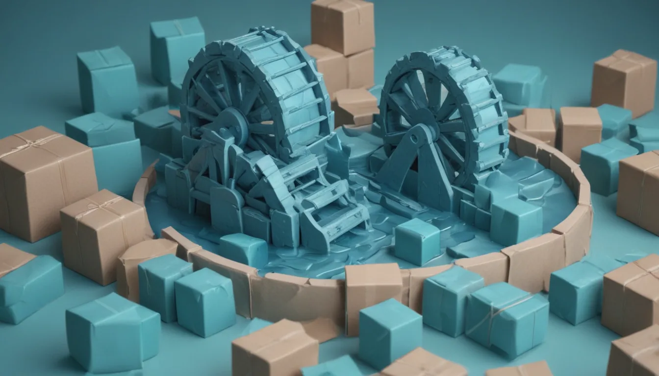 A water wheel moving a stream of identical parcels, most passing through while a few glowing ones divert to a side belt, and a drain below catching empty unlabelled boxes.