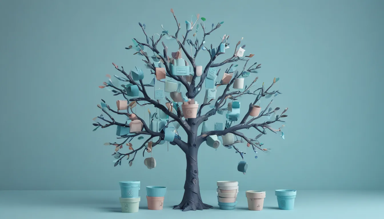 A tree built from shelving that sorts falling products into labelled bins using four colour-coded rings, while small cranes move mismatched items from wrong bins to correct ones.