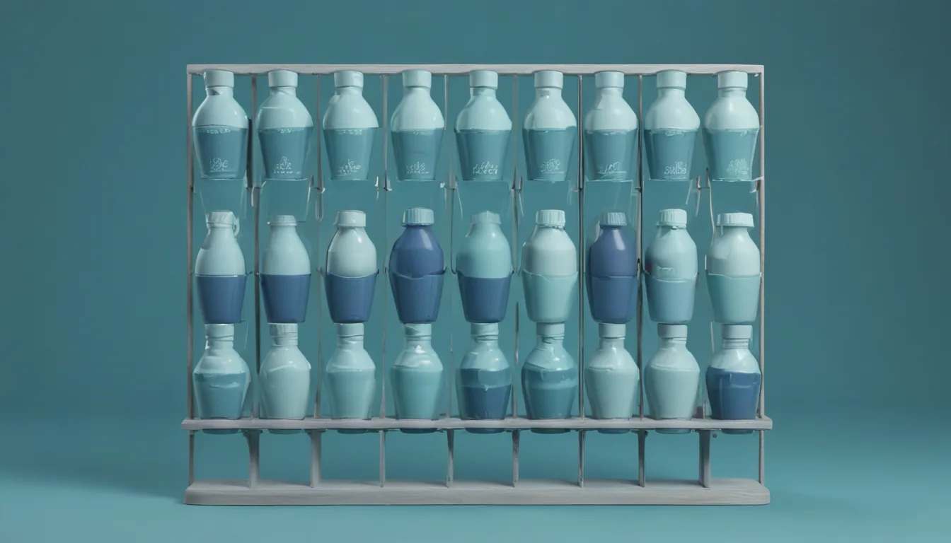 Eighteen near-identical bottles merging into a single tall display stand that fans out a selector wheel of flavour and size options, with the duplicates dissolving into its base.