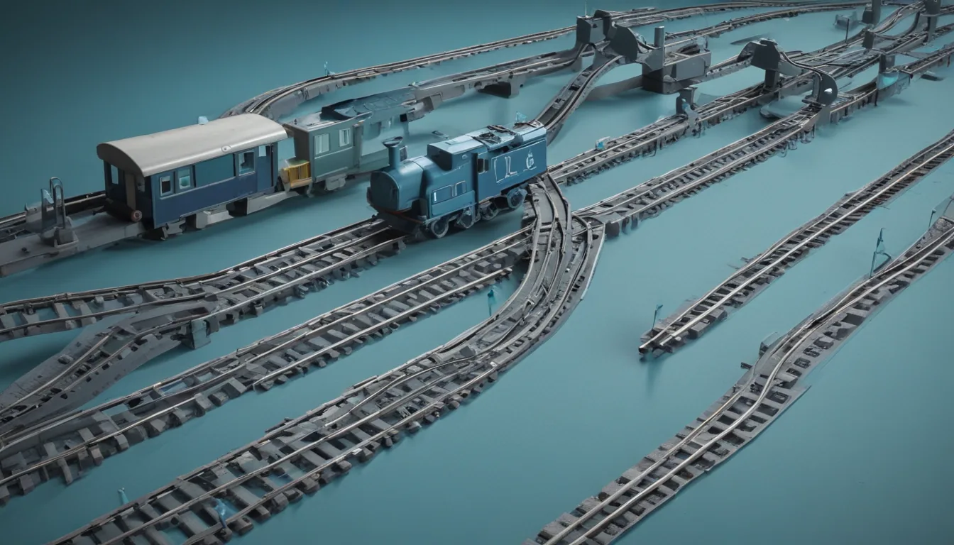 A railway junction where a switch lever routes a fraction of toy train cars onto a parallel test track that loops back, a timer mounted above.