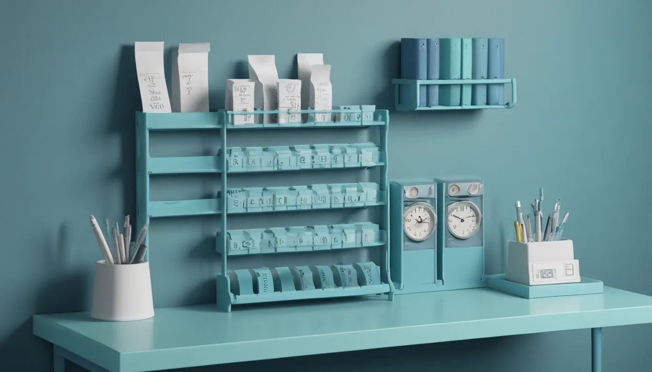 A pneumatic tube system pulls index cards from tall shelves into an answer tray on a desk, some tubes capped shut, a clock on the wall.