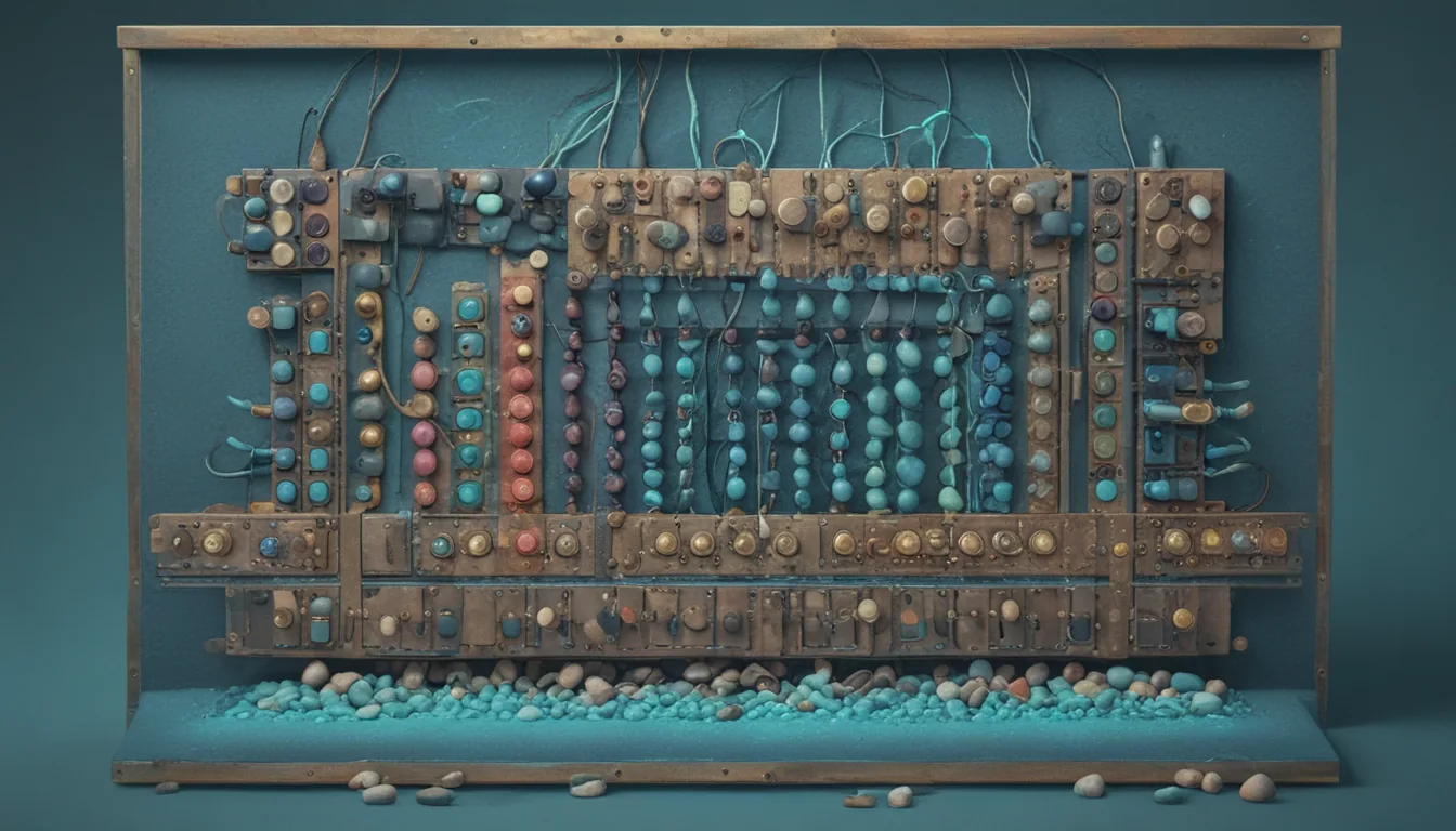 A brass switchboard whose glowing cables route many small coloured pebbles from the edges into a single central crate.