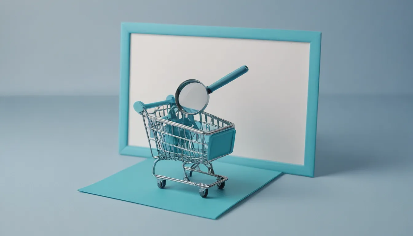 A magnifying glass over a filmstrip of small shopping-cart frames on a light table, one frame sharply in focus among blurred ones.