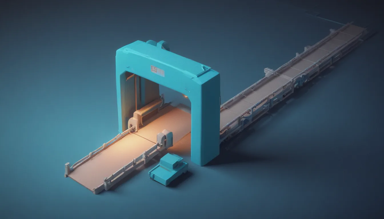 A parcel moving along a conveyor through several lit checkpoint gateways, with the final one glowing and a small bell tipping as it passes.