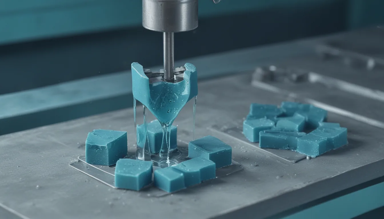 Molten glass poured into precise interlocking moulds on a line, a caliper measuring each cast piece, one mismatched mould set aside.