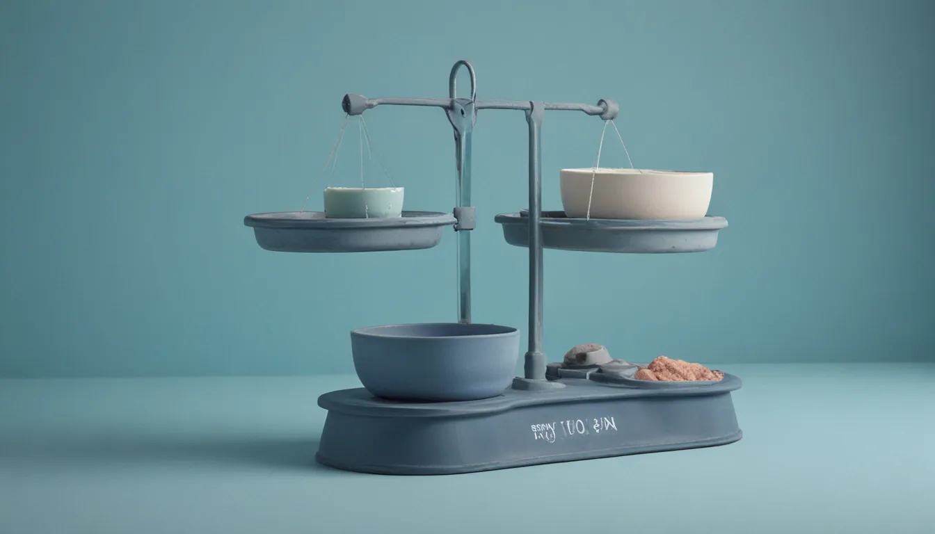Two almost identical tubs on a balance scale with one side dipping, and a small crooked two-way signpost between them.