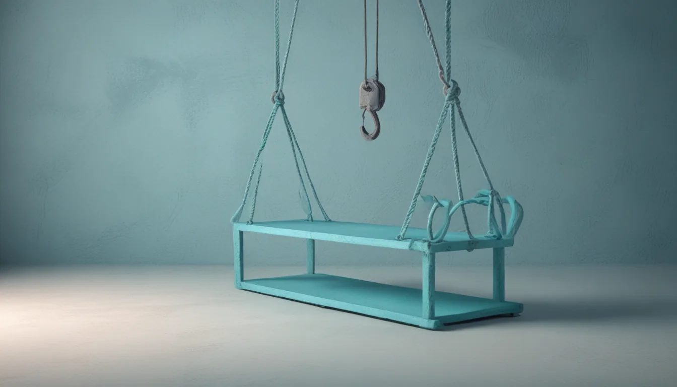 A crane hook lifting a miniature warehouse shelf away, leaving a faint outline on the clean floor