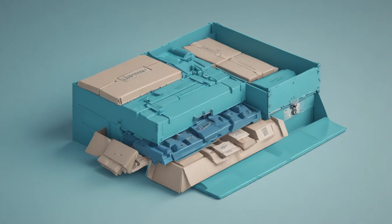 An open cargo hatch on a small shop revealing compartments of parcels, some sealed with padlocks, while a conveyor lifts the reachable boxes out.
