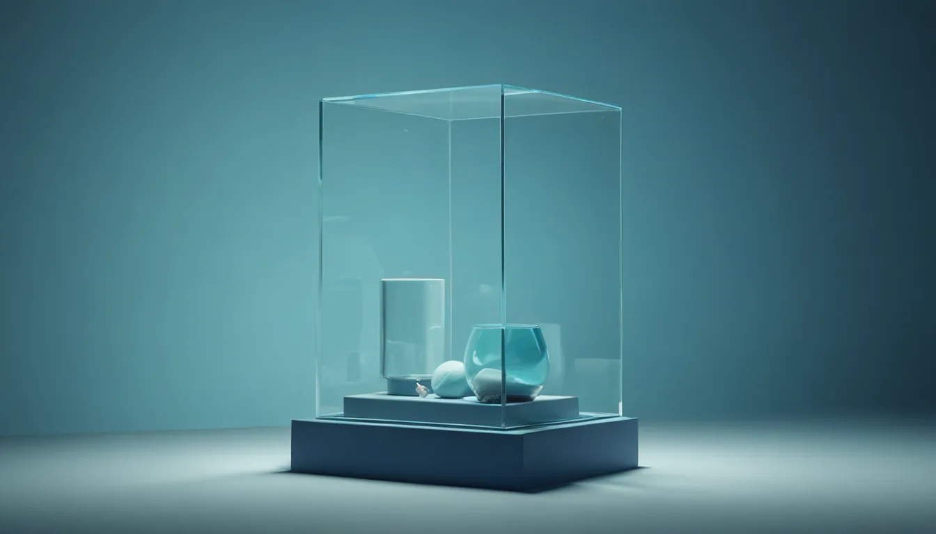 An empty glass display case with a small compass inside, pointing toward a distant shelf of products